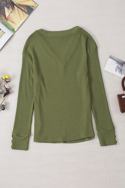 Jungle Green Waffle Knit V Neck Buttoned Long Sleeve Top