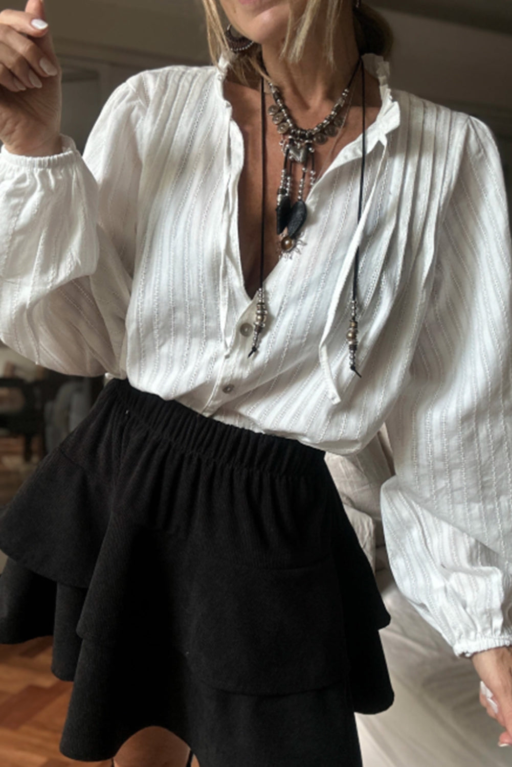 White Striped Jacquard Tie Split Neck Long Puff Sleeve Shirt