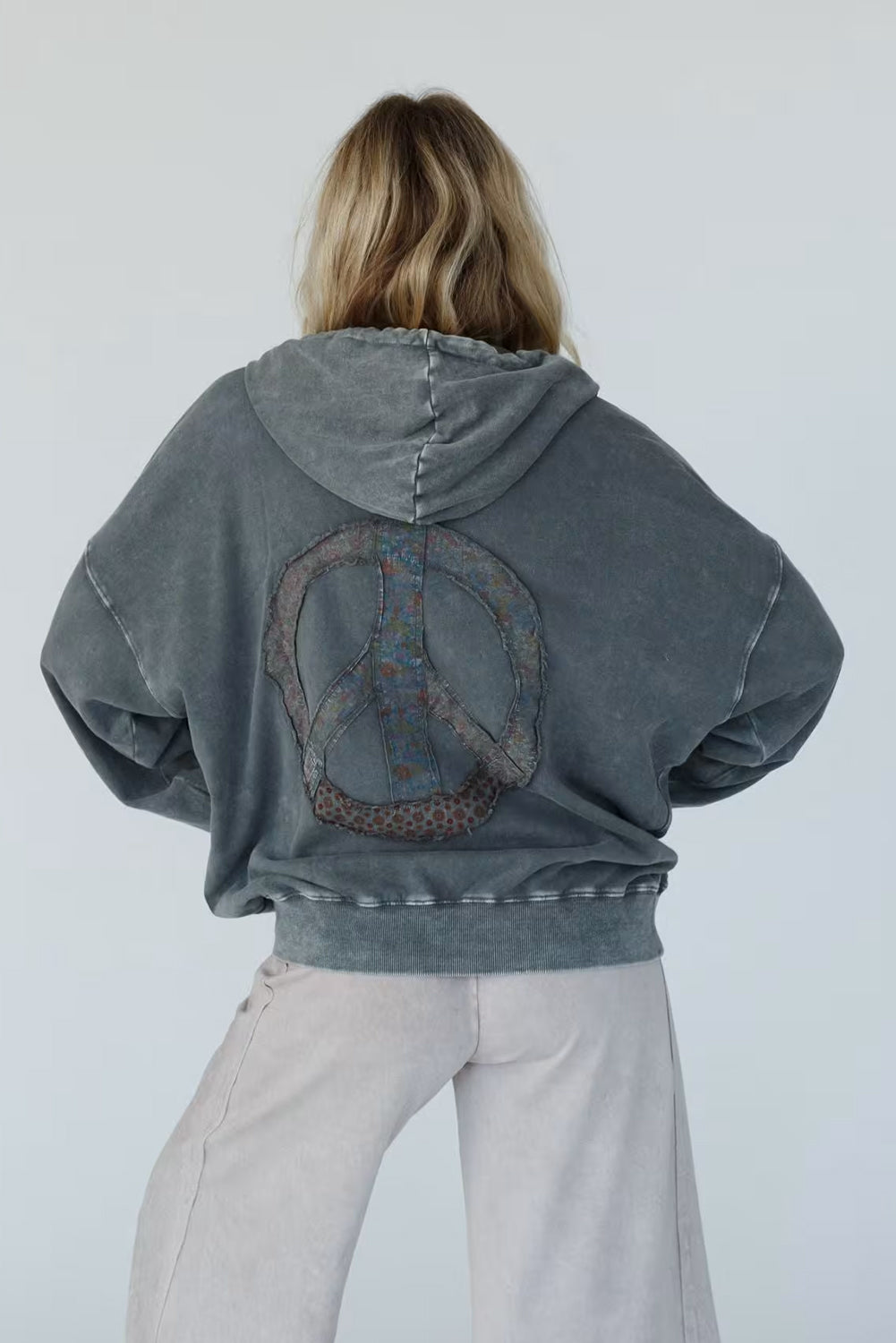 Dark Grey Mineral Wash Button Drawstring Neck Hooded Sweatshirt