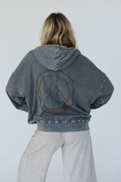 Dark Grey Mineral Wash Button Drawstring Neck Hooded Sweatshirt