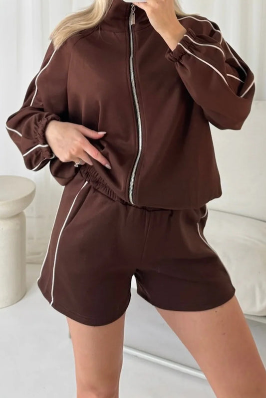 Coffee Contrast Piping Trim Zip Up Stand Neck Jacket Active Shorts 2pcs Outfit