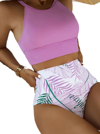 Lavender Halter Neck Floral Print High Waist Bikini Set