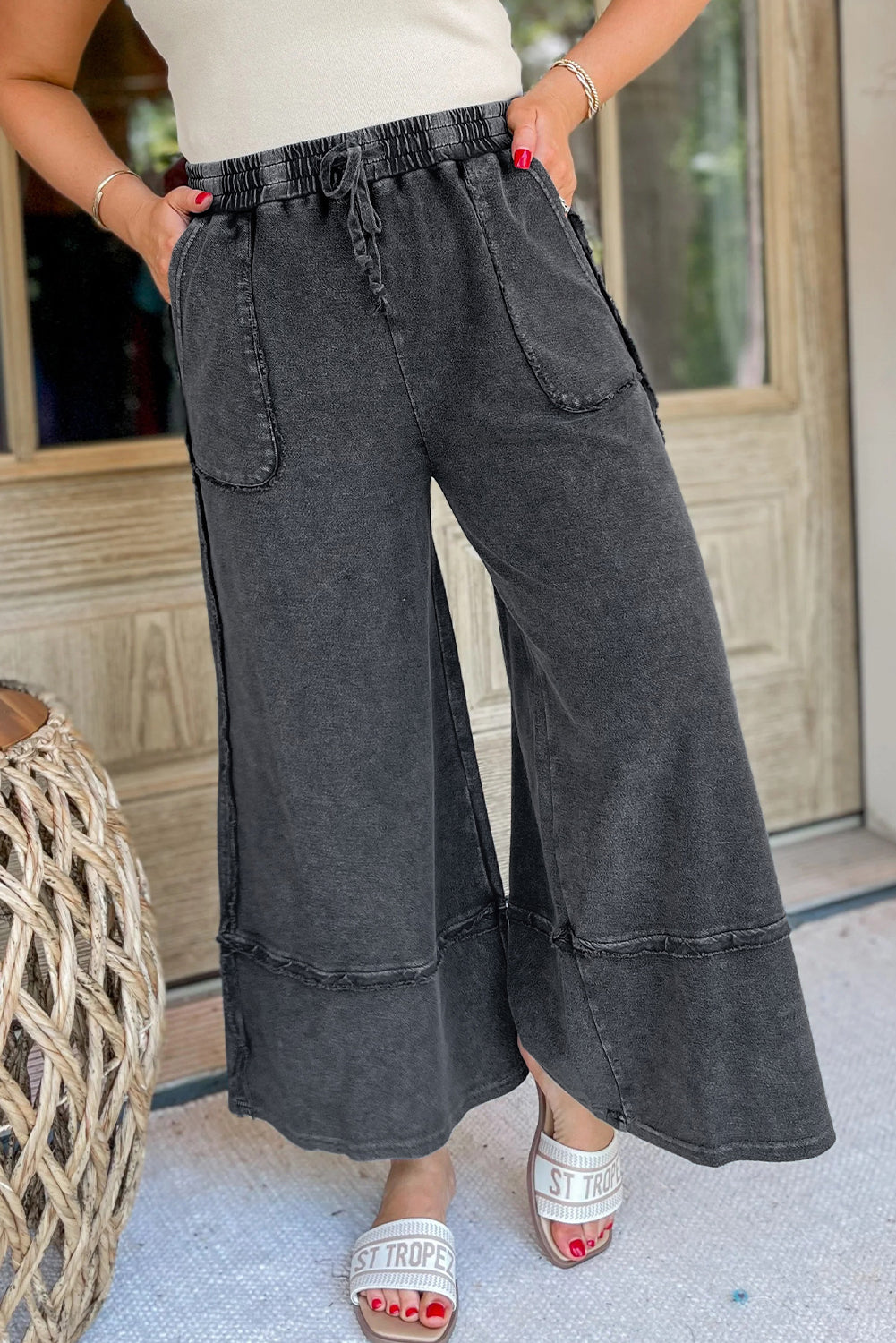 Dark Grey Mineral Wash Raw Edge Wide Leg Drawstring High Waist Pants
