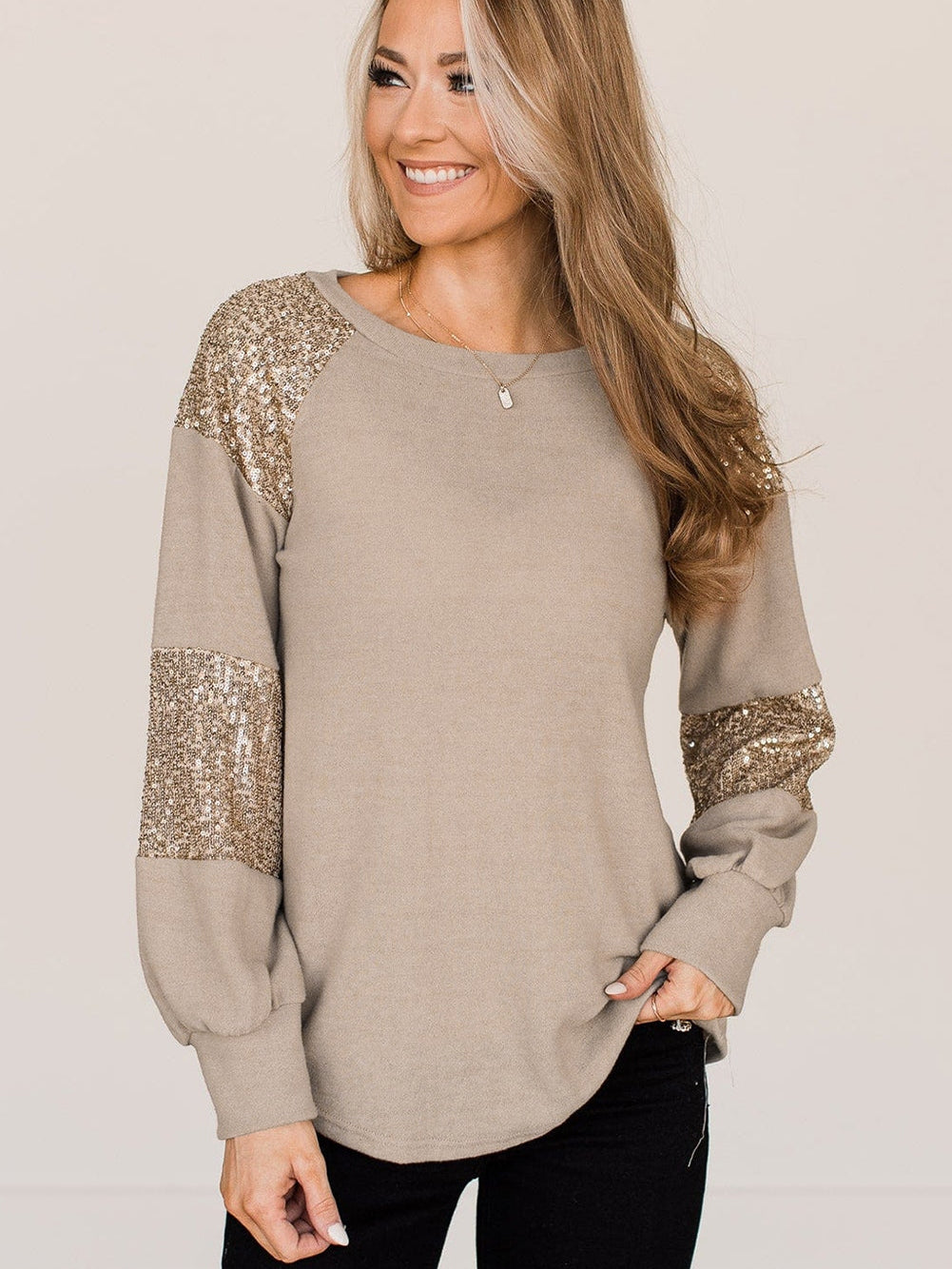 French Beige Sequin Embellished Long Sleeve Blouse