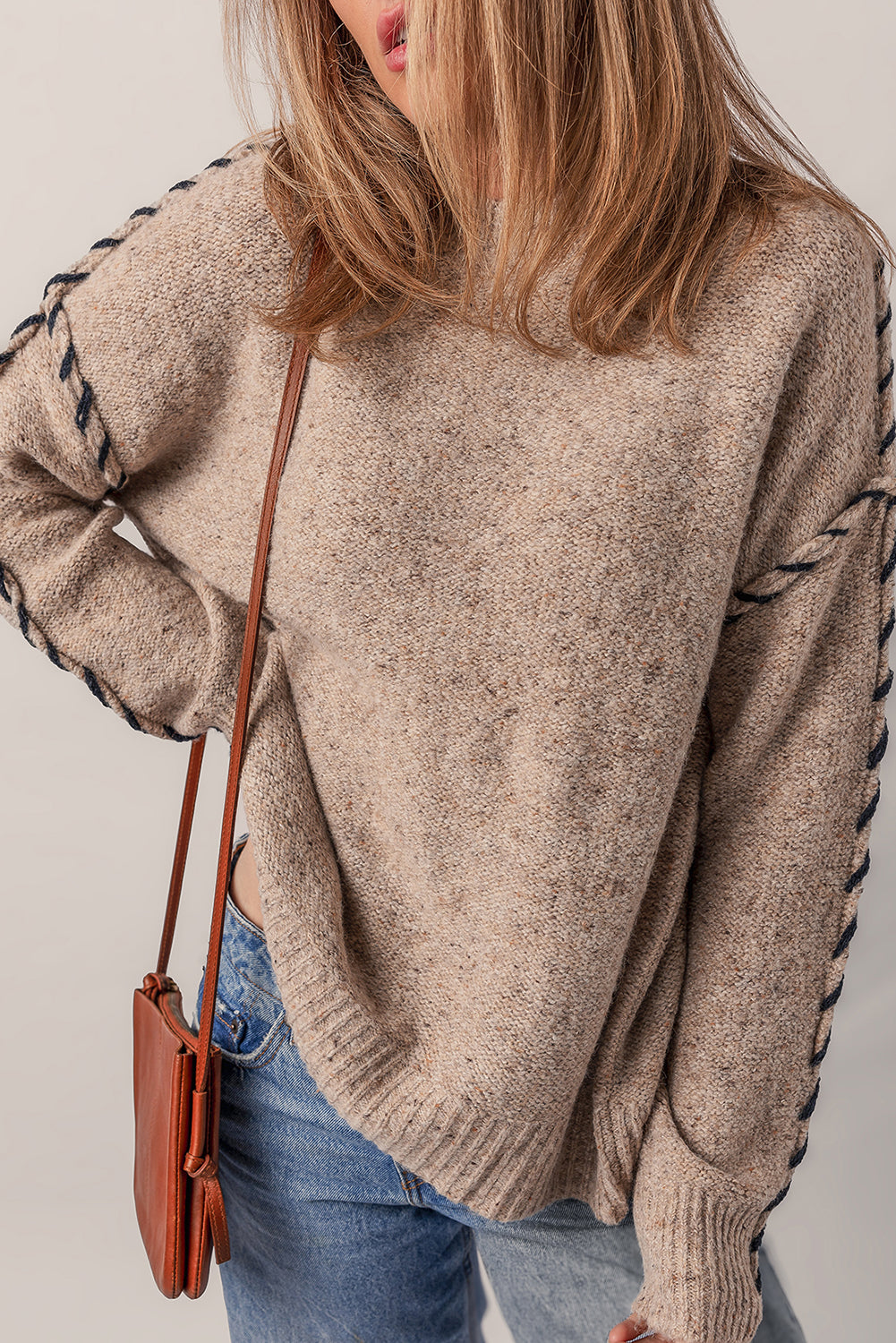 Smoke Gray Color Contrast Stitched Ribbed Edge Crew Neck Sweater