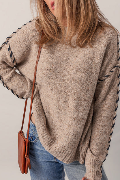 Smoke Gray Color Contrast Stitched Ribbed Edge Crew Neck Sweater