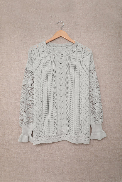Gray Crochet Lace Pointelle Knit Sweater