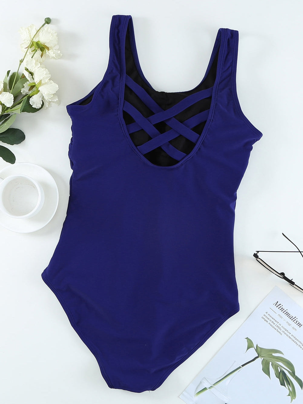Elegant Navy Blue Cross Back Maillot Swimsuit