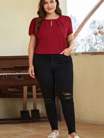 Red Dahlia Keyhole Pleated Crew Neck Plus Size T Shirt