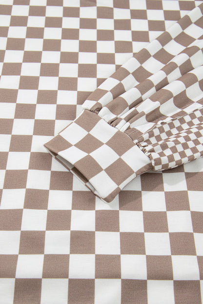 Khaki Double Checkered Patchwork Tie Neck Oversize Hoodie