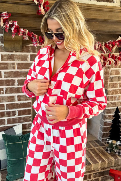 Rose Checkered Print Half Zip Hoodie