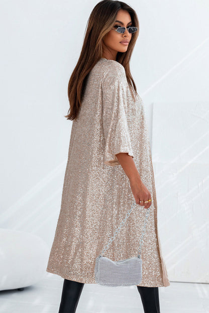Apricot Sequin Embellished Open Front Kimono Duster