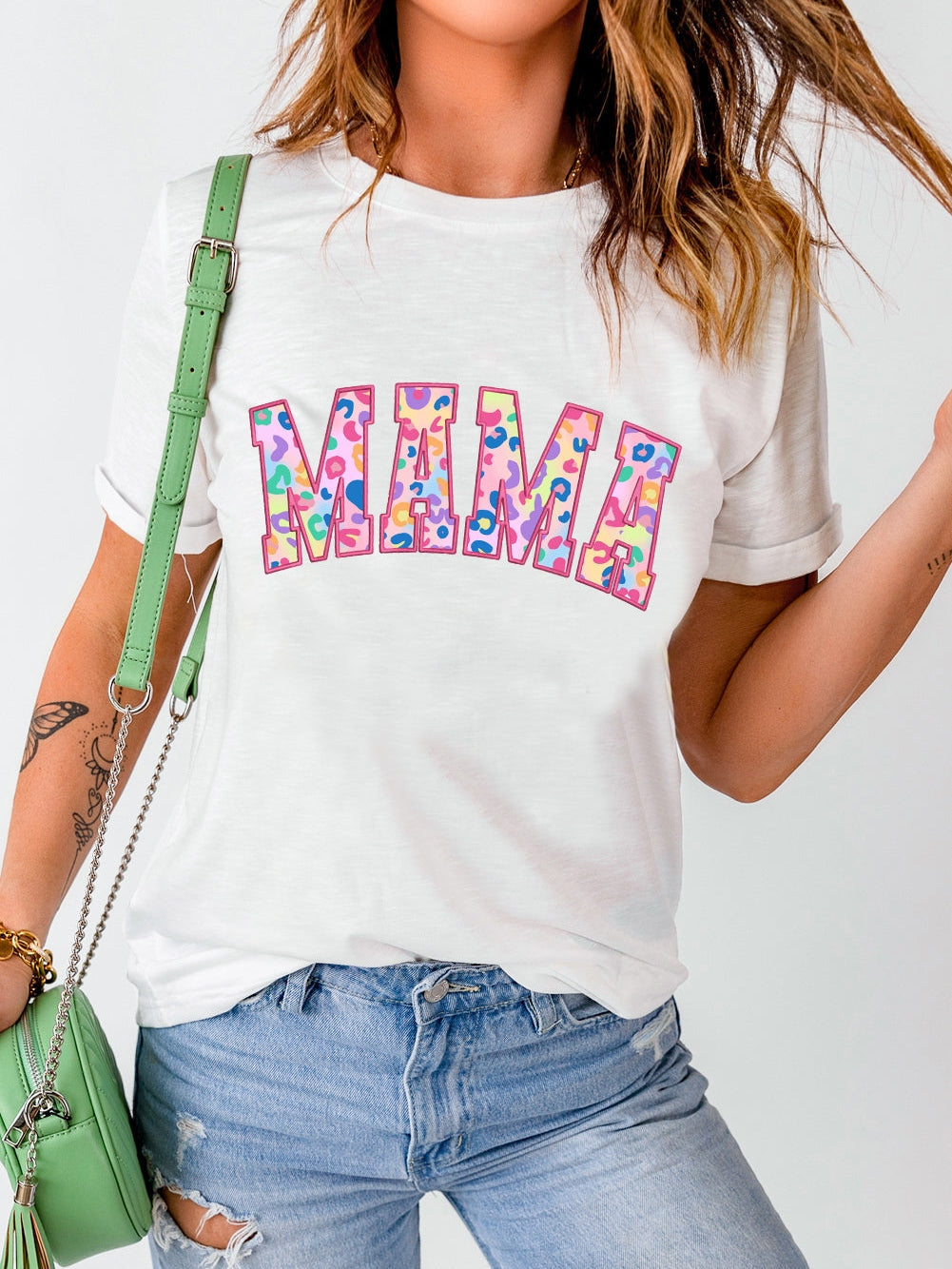 Leopard Embroidered White MAMA Graphic Tee