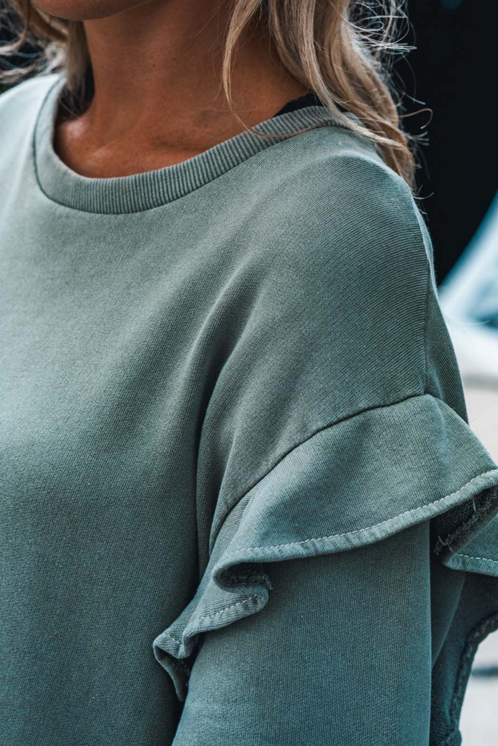 Haze Blue Ruffled Shift Knit Long Sleeve Mini Dress