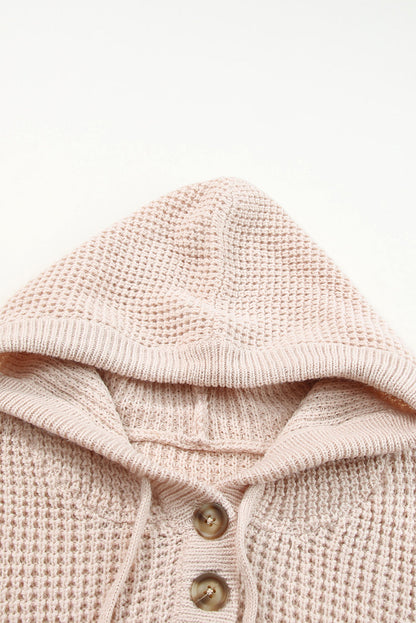 Apricot Hooded Waffle Knit Sweater with Button-Up Front Pocket