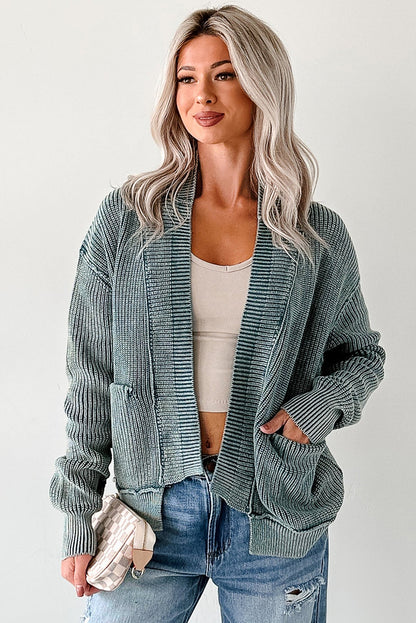 Evergreen Mineral Wash Exposed Seam Patchwork Knit Open Sweater Cardigan