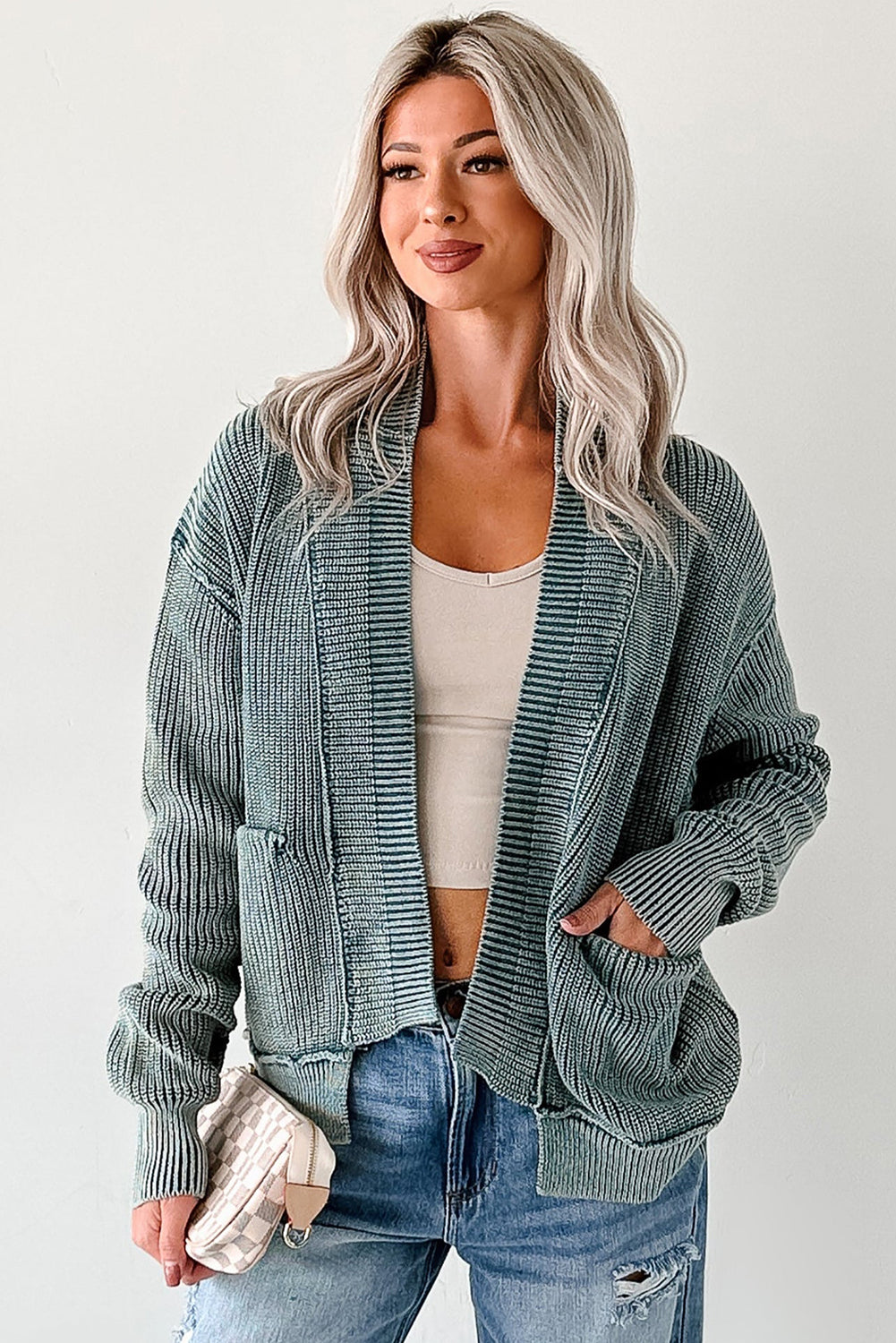 Evergreen Mineral Wash Exposed Seam Patchwork Knit Open Sweater Cardigan