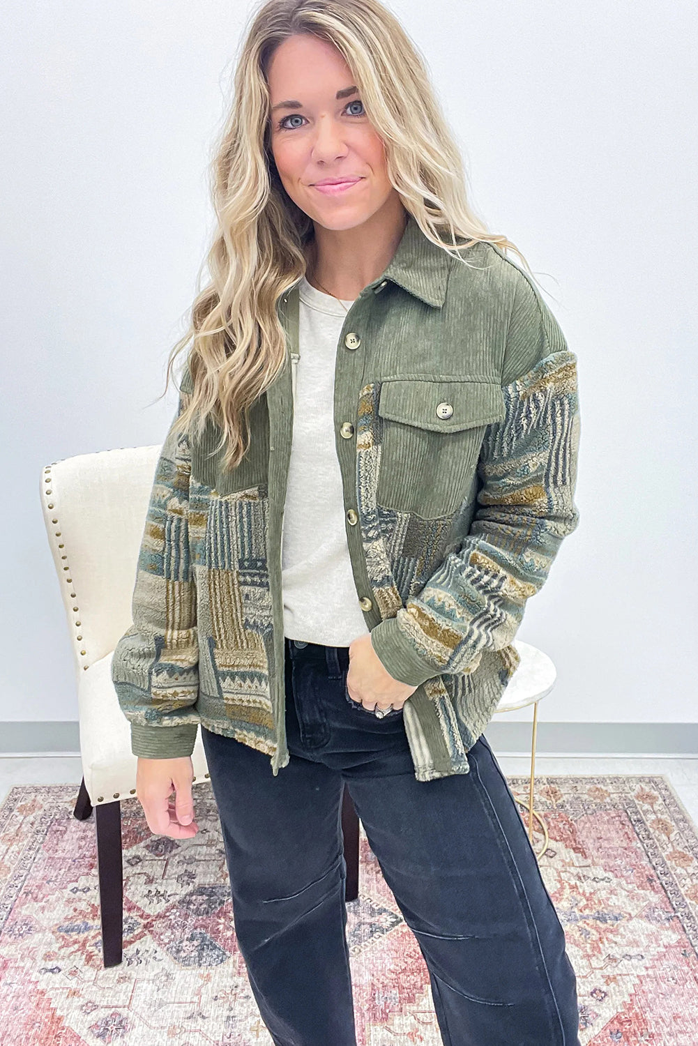 Smoke Green Corduroy Plush Patchwork Western Fashion Shacket