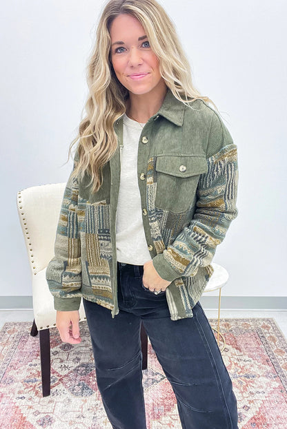 Smoke Green Corduroy Plush Patchwork Western Fashion Shacket