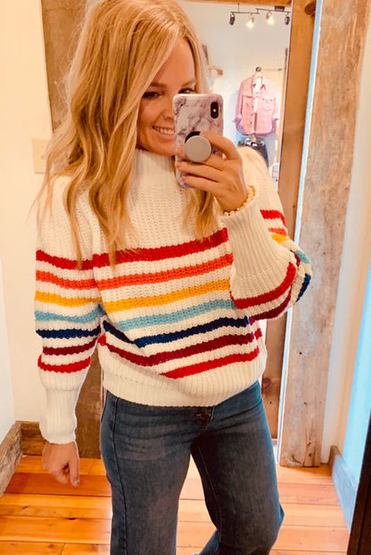 White Stripe Textured Knit High Neck Puff Sleeve Sweater