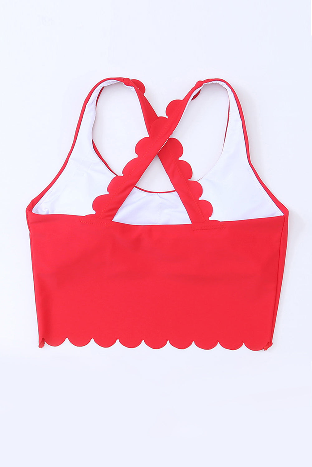 Fiery Red Scallop Detail Cross Back Crop Bikini Top