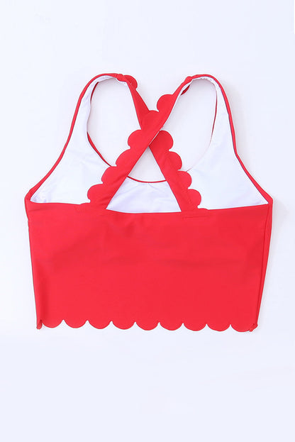 Fiery Red Scallop Detail Cross Back Crop Bikini Top