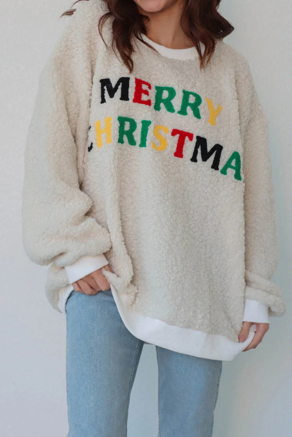 White MERRY CHRISTMAS Multicolor Embroidered Sherpa Pullover Sweatshirt