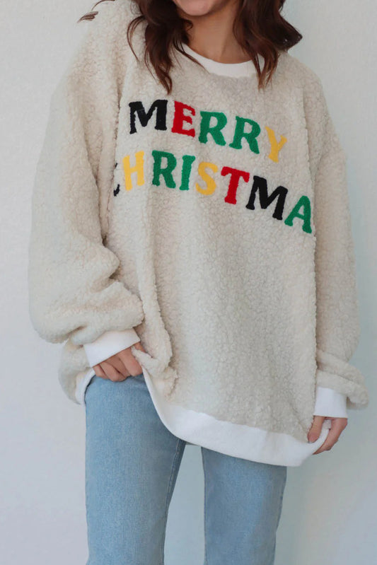 White MERRY CHRISTMAS Multicolor Embroidered Sherpa Pullover Sweatshirt