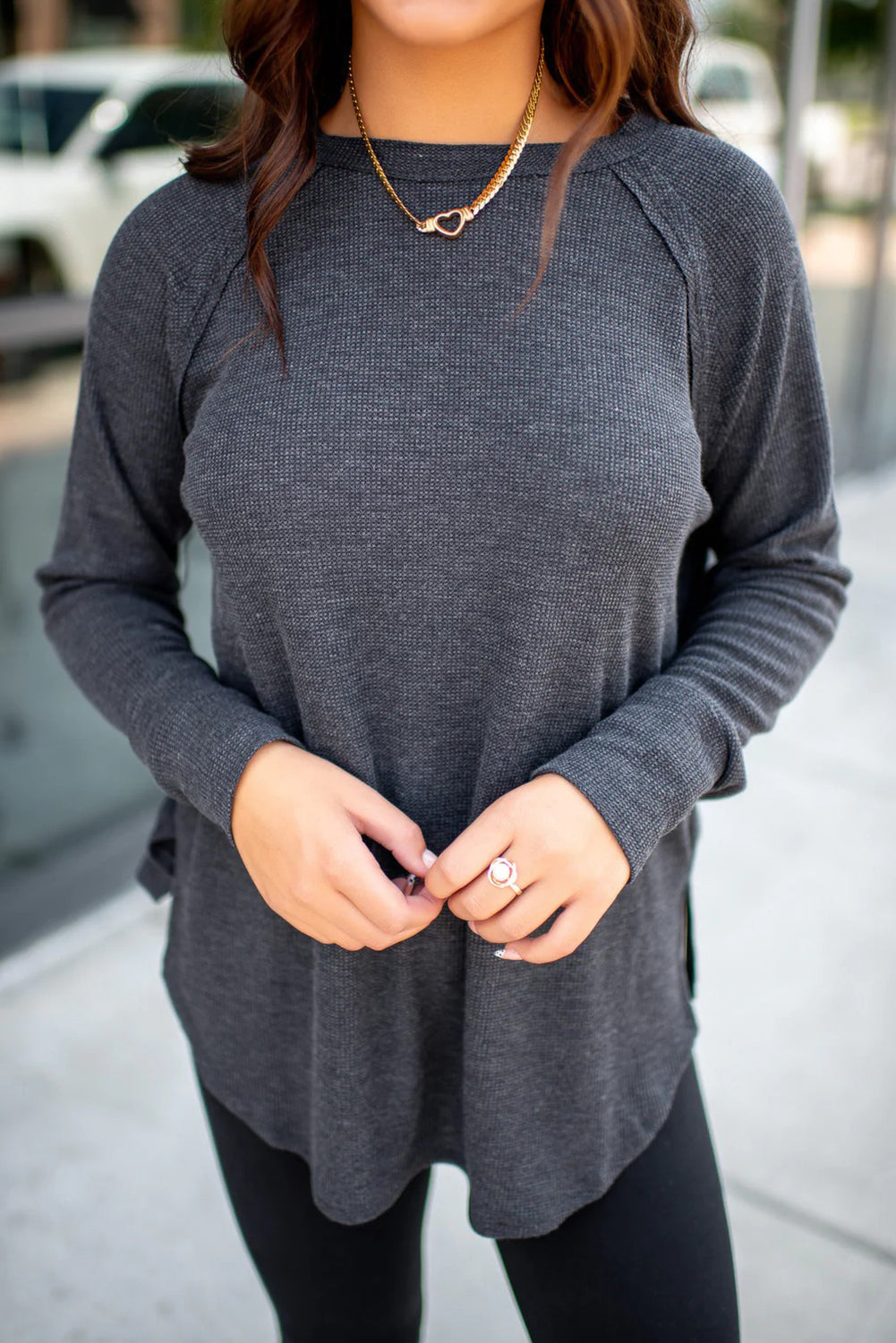 Dark Grey Solid Color Thermal Knit Exposed Seam Raglan Sleeve Top