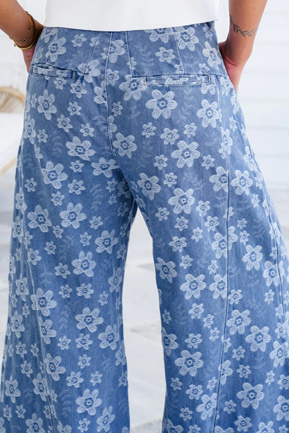 Sky Blue Floral Print Wide Leg Pleated Waist Denim Pants