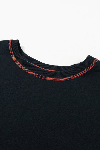 Black Contrast Stitching Split Baggy Sweatshirt