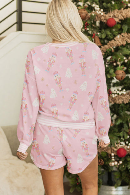 Pink Christmas Tree Nutcracker Doll Print Contrast Trim Long Sleeve Top Lounge Short Set