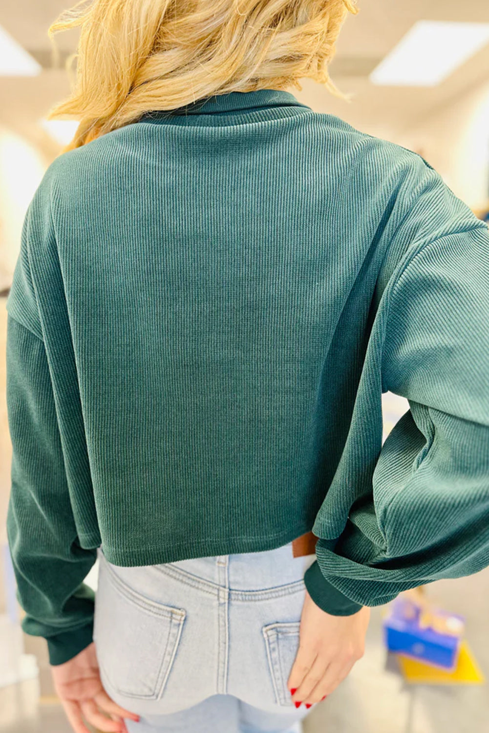 Skobeloff Solid Color Collared Ribbed Cropped Drop Shoulder Top