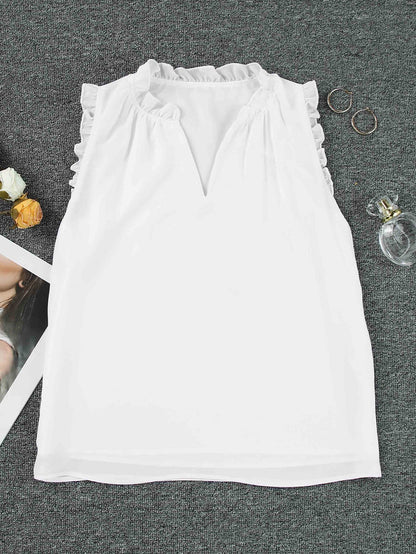 Frill Trim V Neck Tank Top in White Cotton Blend