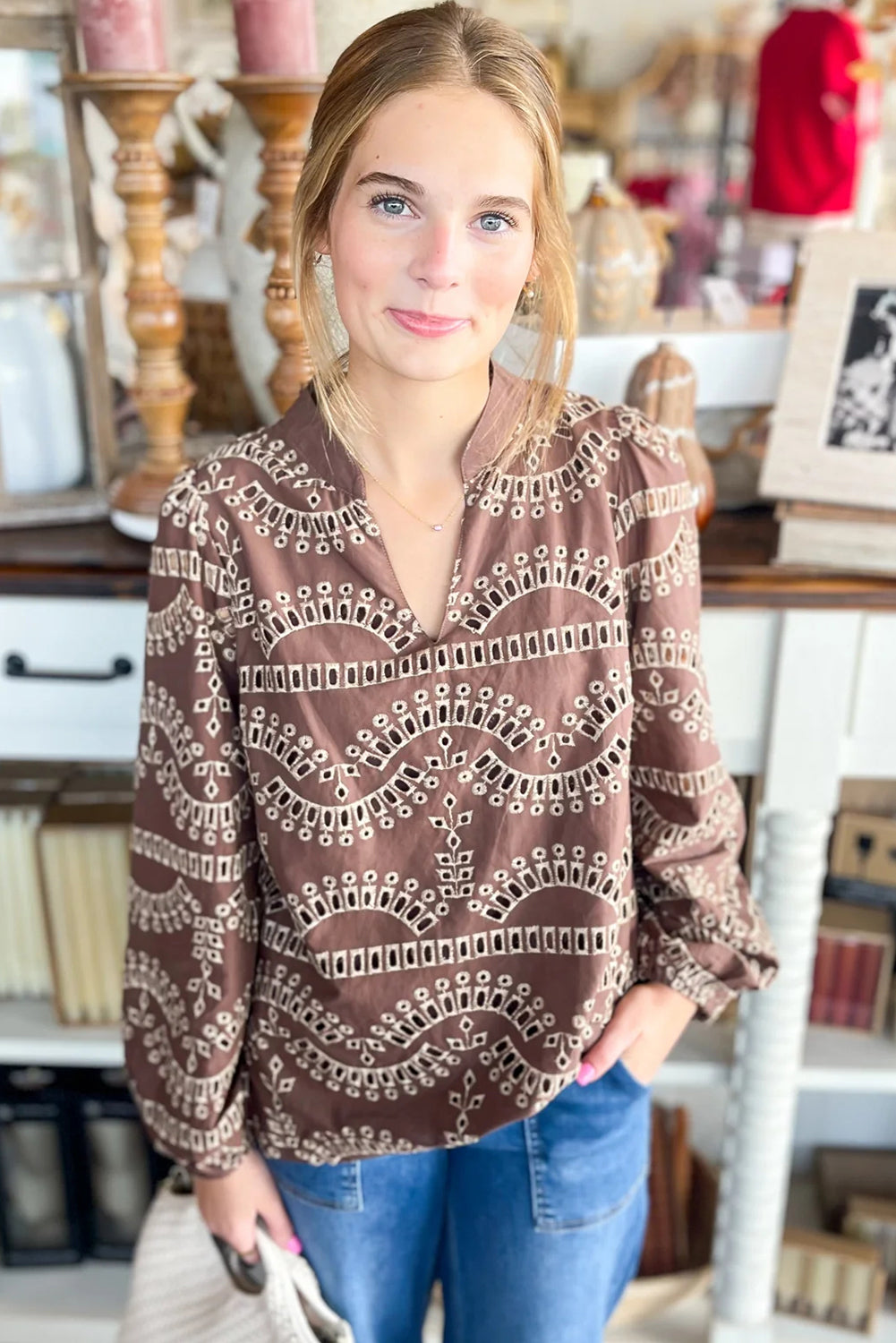 Coffee Embroidered Pattern Notched Neck Long Sleeve Blouse