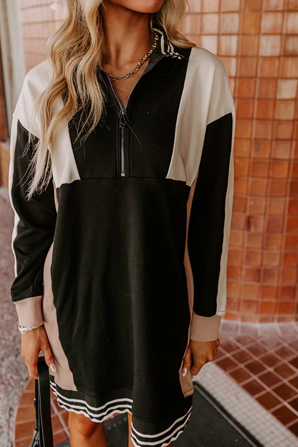 Black Color Block Quarter Zip Long Sleeve T Shirt Mini Dress