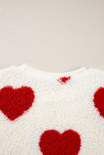 Fiery Red Heart Shape Drop Shoulder Crewneck Plush Sweatshirt