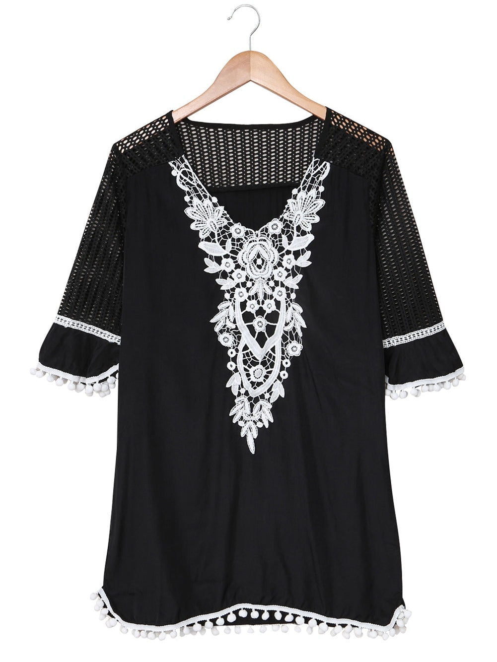 Beach Ready Black Crochet Pom Pom Trim Tunic Cover-Up