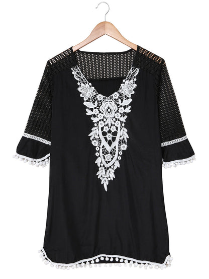 Beach Ready Black Crochet Pom Pom Trim Tunic Cover-Up
