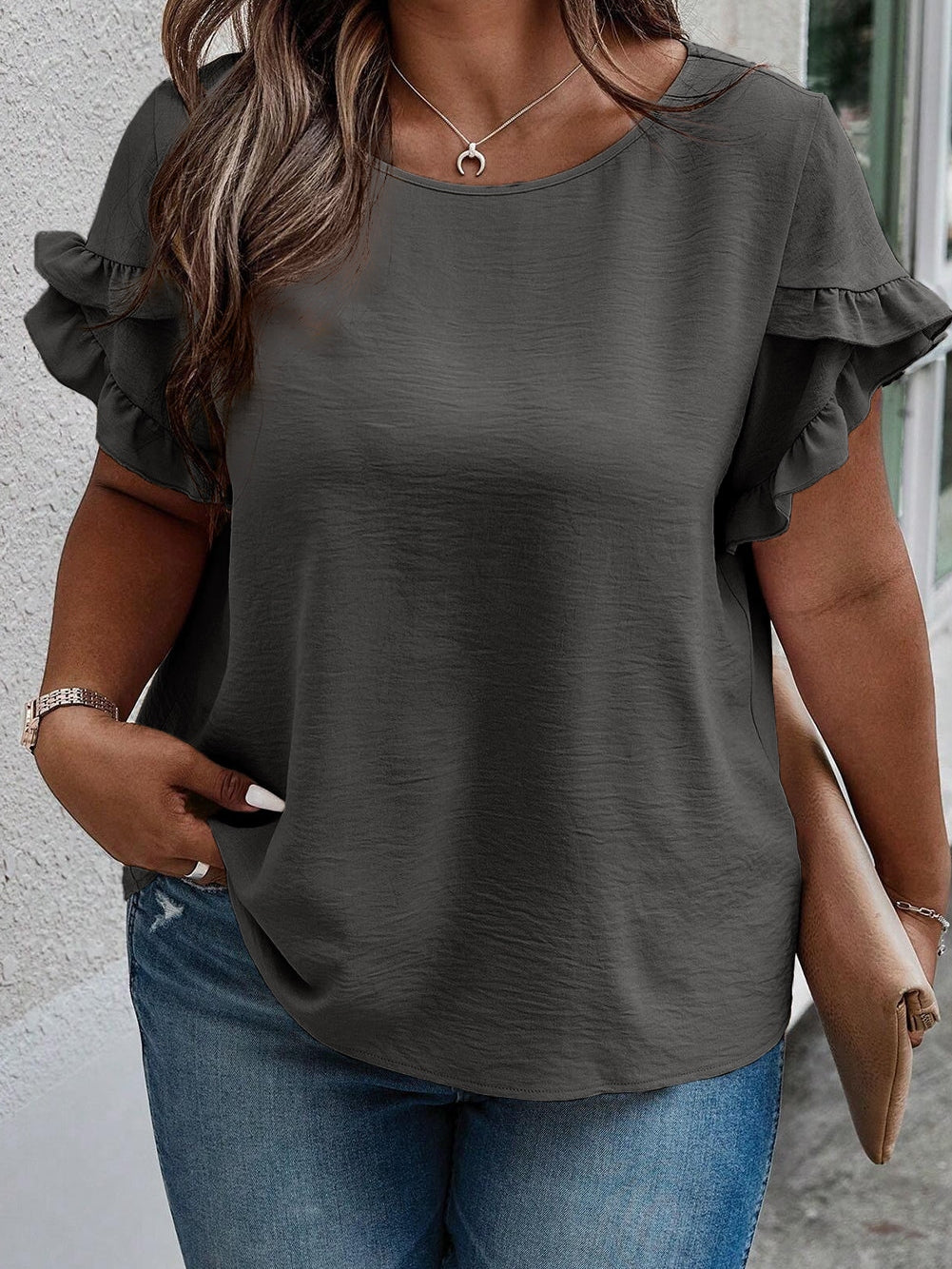 Dark Grey Ruffled Short Sleeve Plus Size Top