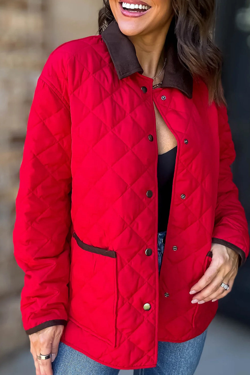 Racing Red Snap Button Quilted Color Block Collar Pocketed Winter Jacket