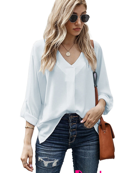 Elegant White V Neck High Low Hem Blouse