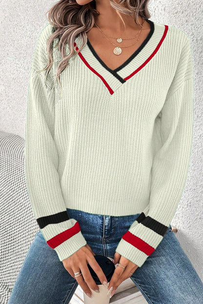 Beige Contrast Striped Trim V Neck Drop Shoulder Sweater
