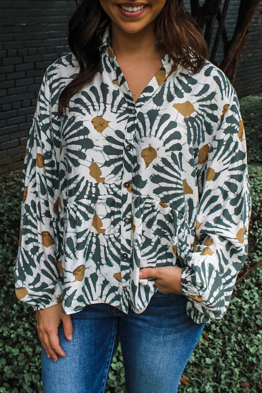 Green Abstract Floral Print Ruffle Hem Long Sleeve Shirt