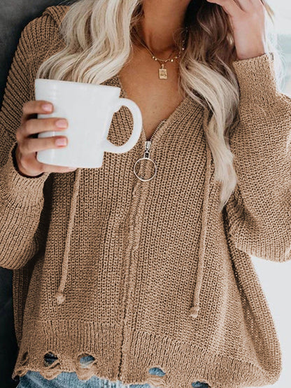 Khaki Hooded V-neck Zip-Up Solid Sweater with Dropped Sleeves