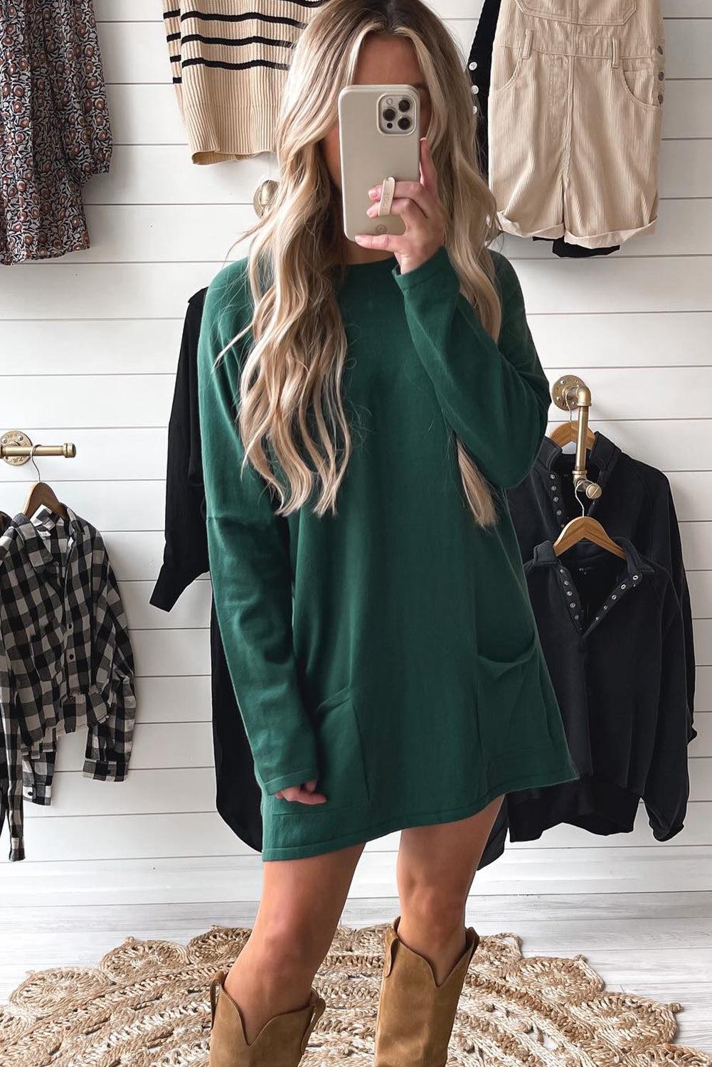 Blackish Green Double Patch Pocket Drop Shoulder Long Sleeve Mini T Shirt Dress
