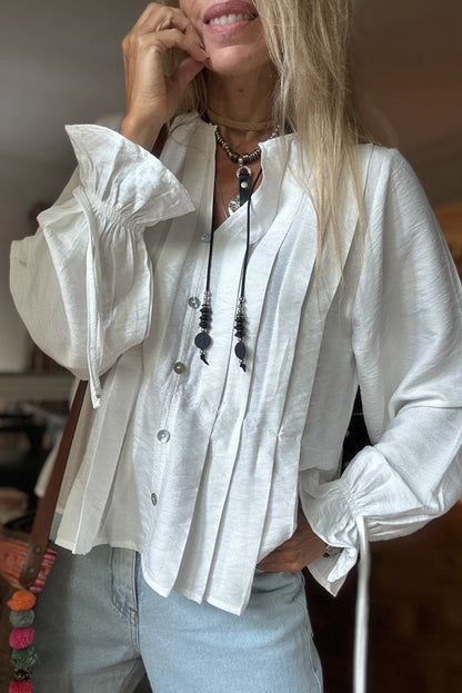 White Pintuck Buttoned Front Decor Ruffled Sleeve Loose Blouse