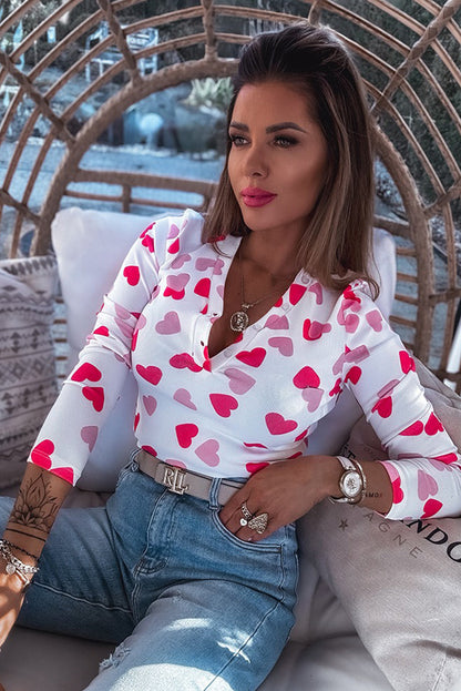 Pink Valentine Heart Print Buttoned Neckline Textured Fitted Long Sleeve Top
