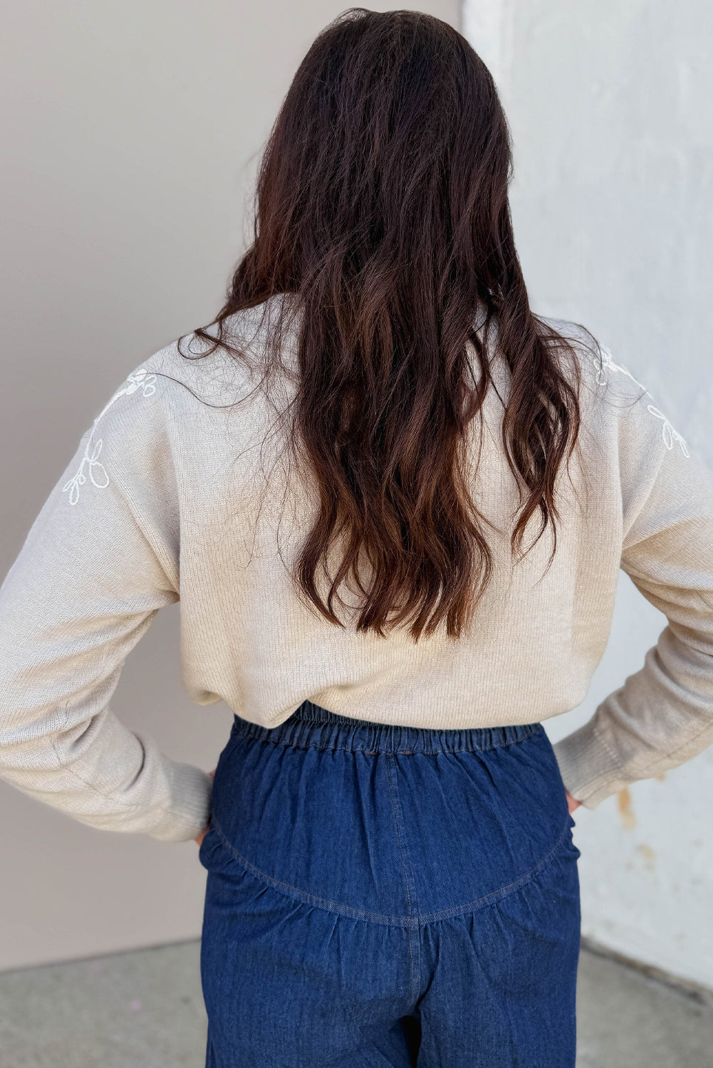 Simply Taupe Contrast Embroidered Sleeve Ribbed Trim Casual Sweater