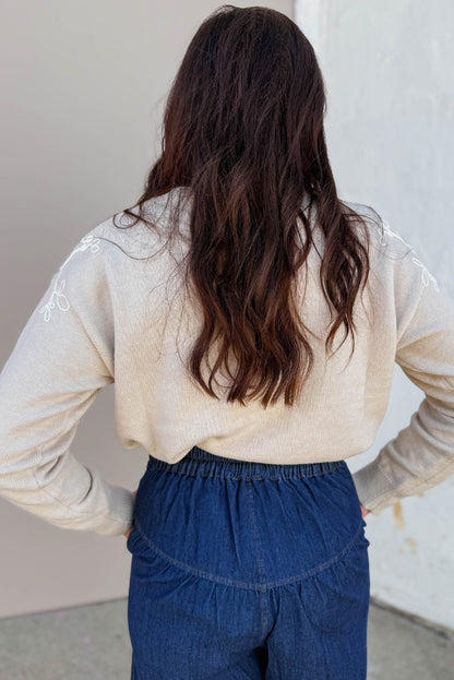 Simply Taupe Contrast Embroidered Sleeve Ribbed Trim Casual Sweater